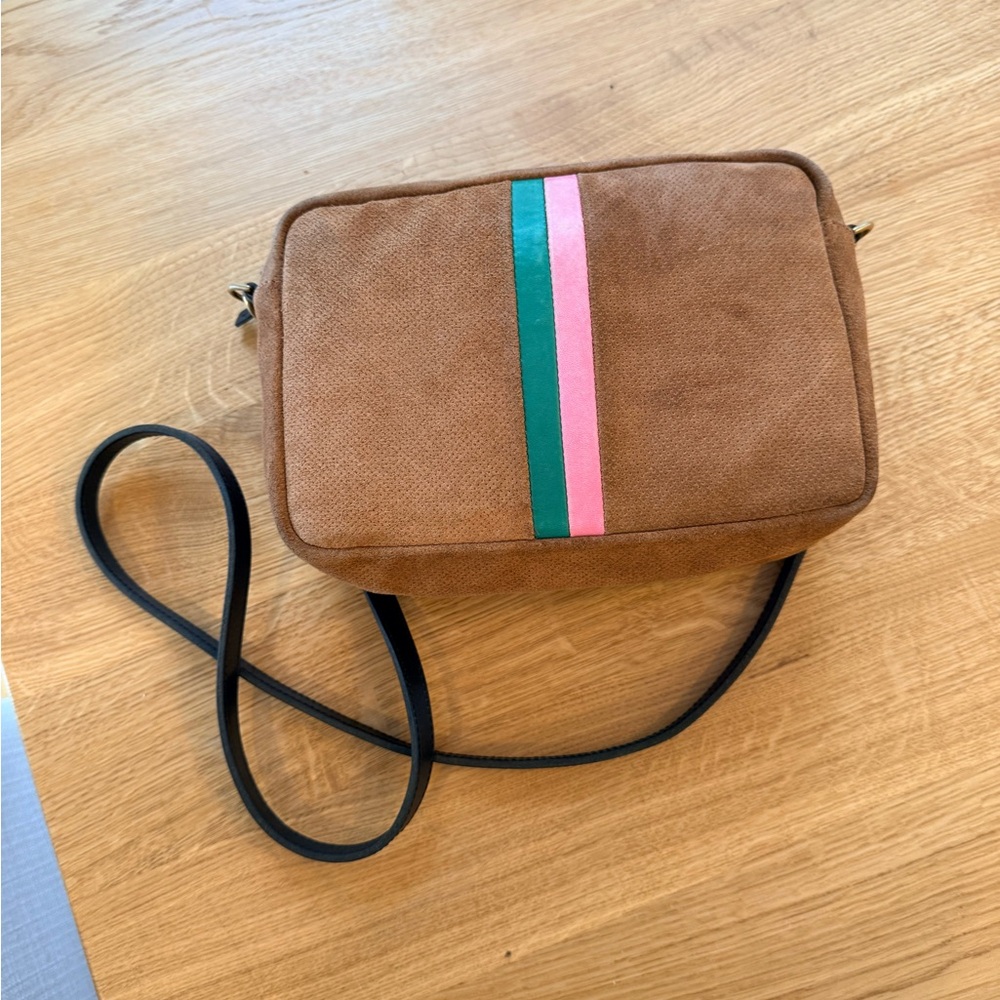 Clare V Brown Crossbody Bag with Pink and Green Stripe